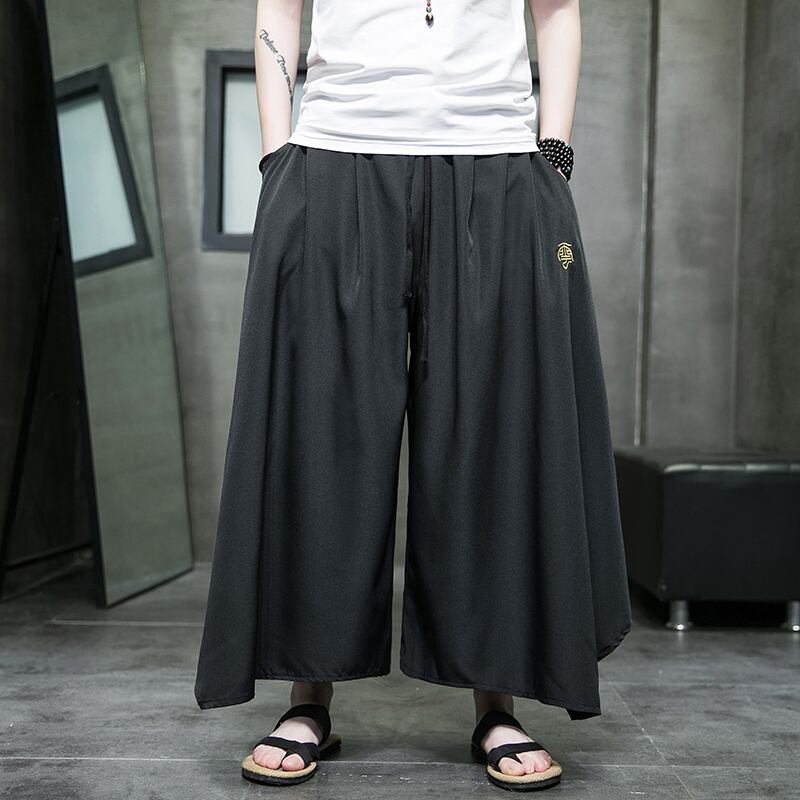 [Small Trouble Series]★China Style Pants★ Gaucho Pants Bottoms Unisex Men's Large Size Plain Black Retro