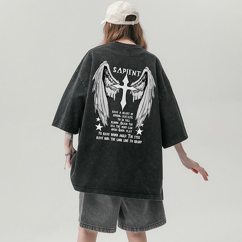 [Wrzb Series]★T-shirt★ Tops 3color Unisex Men's Cross Wings Short Sleeve Shirt Black Gray Brown Rose