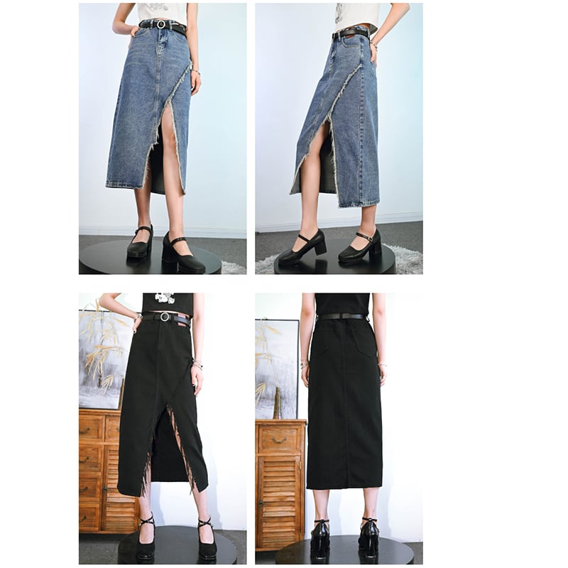 [Kokaisha---Hikimai Series] ★Denim skirt★ 2color bottoms with belt and slit black blue