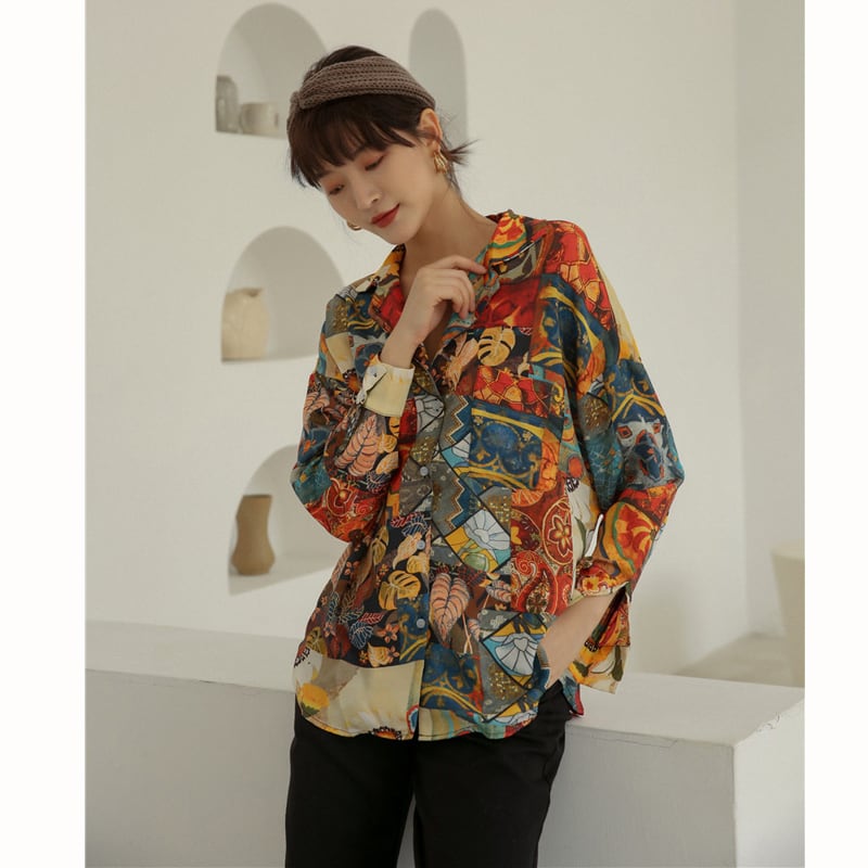 Oil painting style shirt, retro tops, long sleeves, outstanding design, SM, radically changing image, print, easy to match