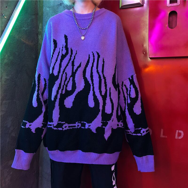 [OOTDstudio Series]★Sweater★ 2color Tops Flame Flame Pattern Knit Tops Unisex Men's Red Purple