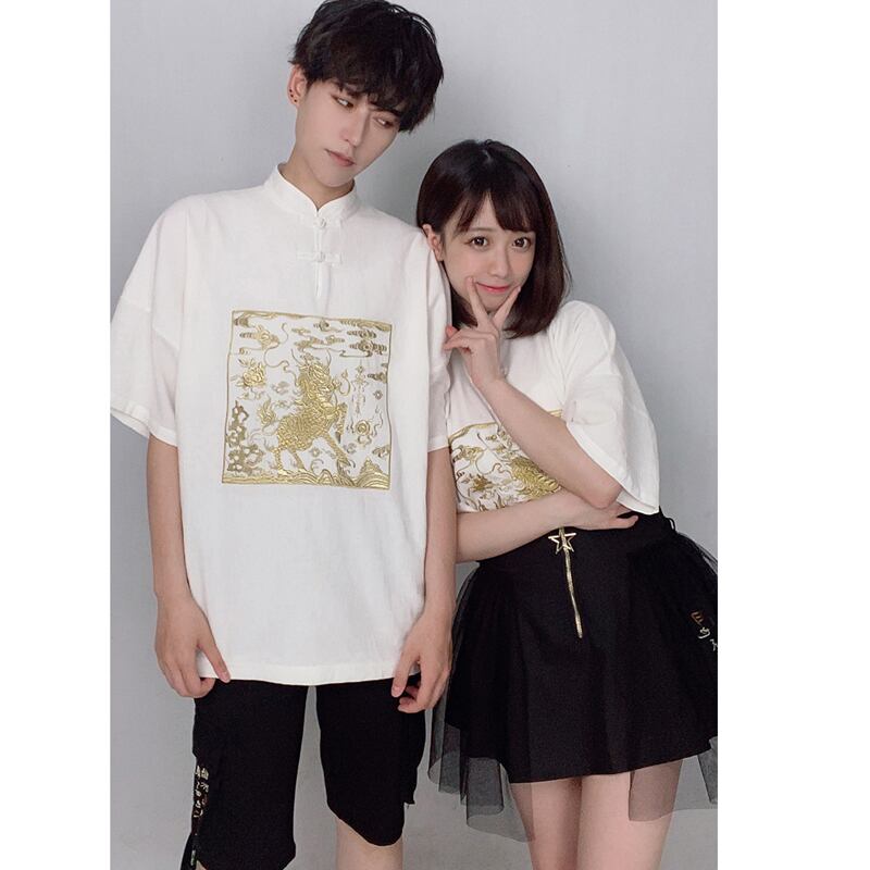 [Kyodo Series]★China style shirt★ 2color black or white original embroidery cotton linen SML XL unisex men's couple clothes