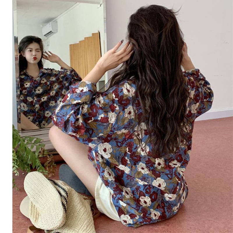 [YOUZI Series] ★Floral Pattern Shirt★ Tops Oil Painting Style Long Sleeve Shirt Loose Retro Commuting Date Cute Blue Blue