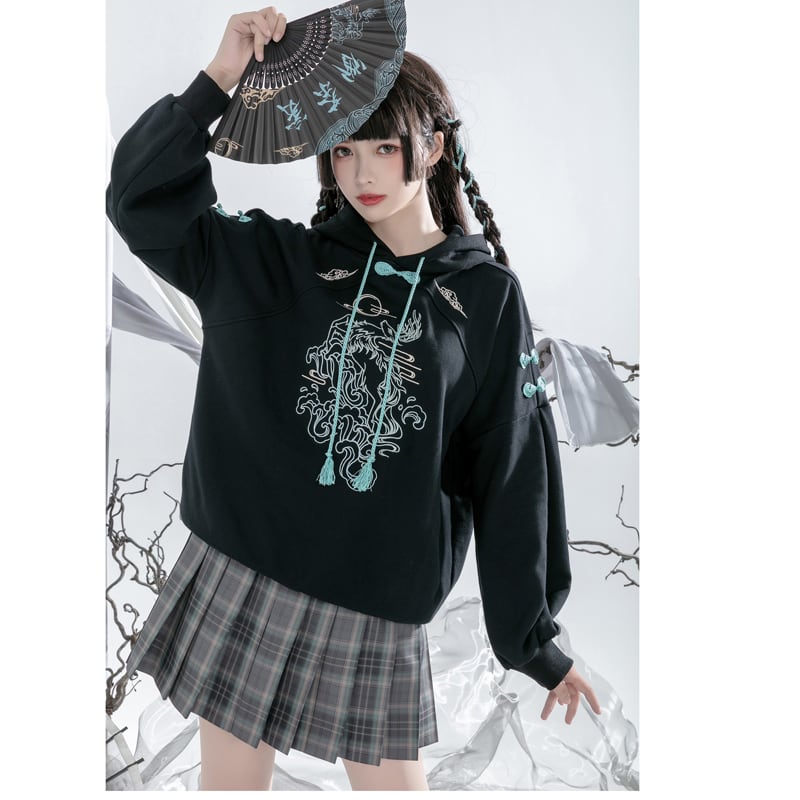 [Ochaya Series]★China style hoodie★ 2color black or white tops embroidery Chinese buttons unisex black white