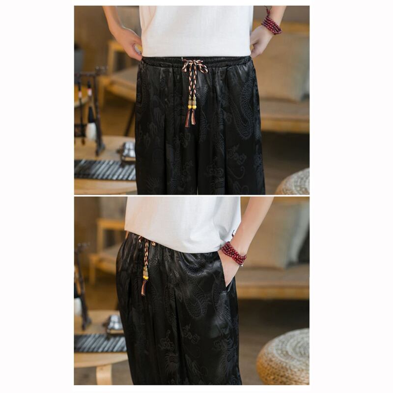 [Tsuncho Series]★China style trousers★Men's dragon crest wide pants 2color large size black white