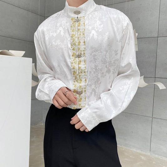 [Illustrated series] ★Chinese style shirt★ 2color improved Tang suit unisex men's black white Chinese clothing