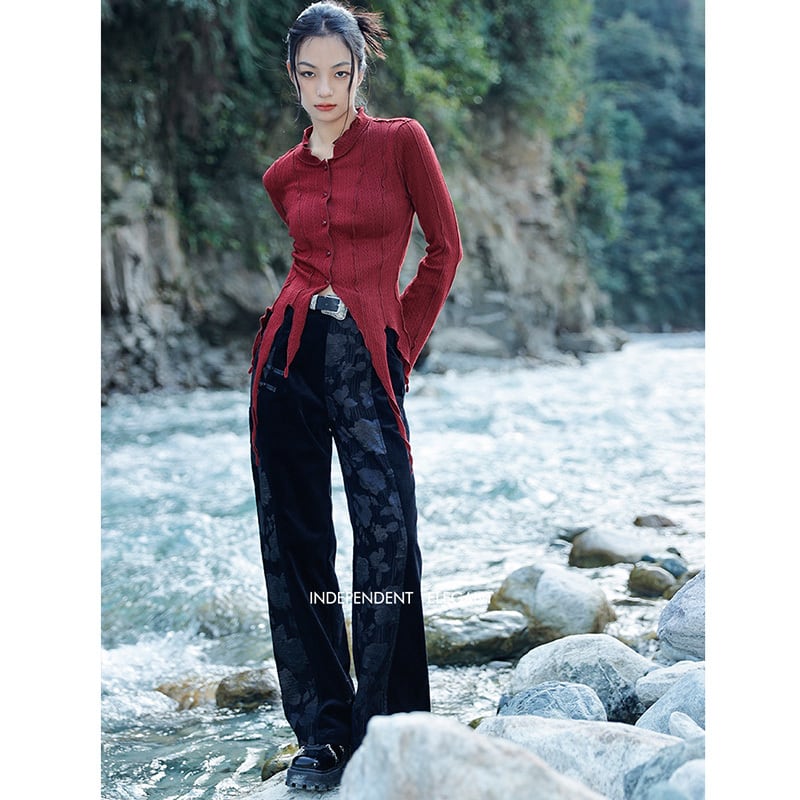 [Big Blue Dragon Series] ★China style tops★ Shirt, irregular, slimming, easy to match, wine red, red