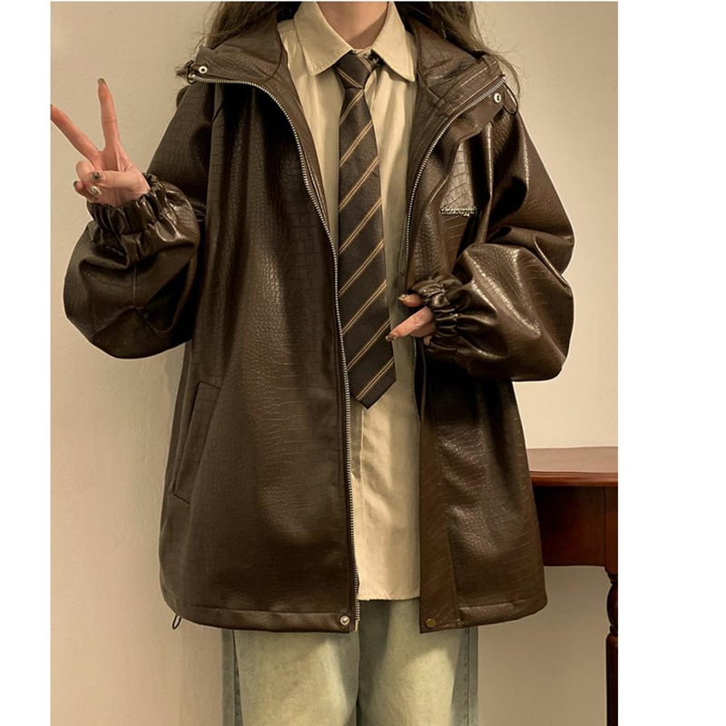 [BENGE Series]★Jacket★ 3color PU outerwear unisex men's large size brown black white