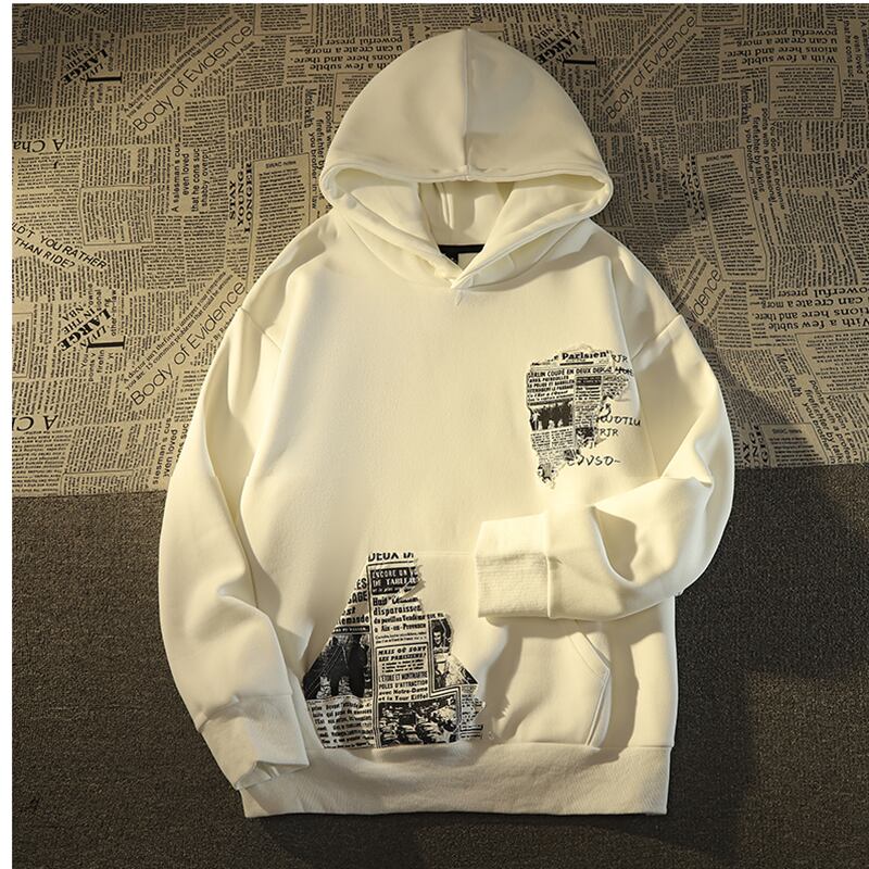 [Roba Series] ★Fleece-lined hoodie★ 2color tops unisex men's newspaper pattern retro black white