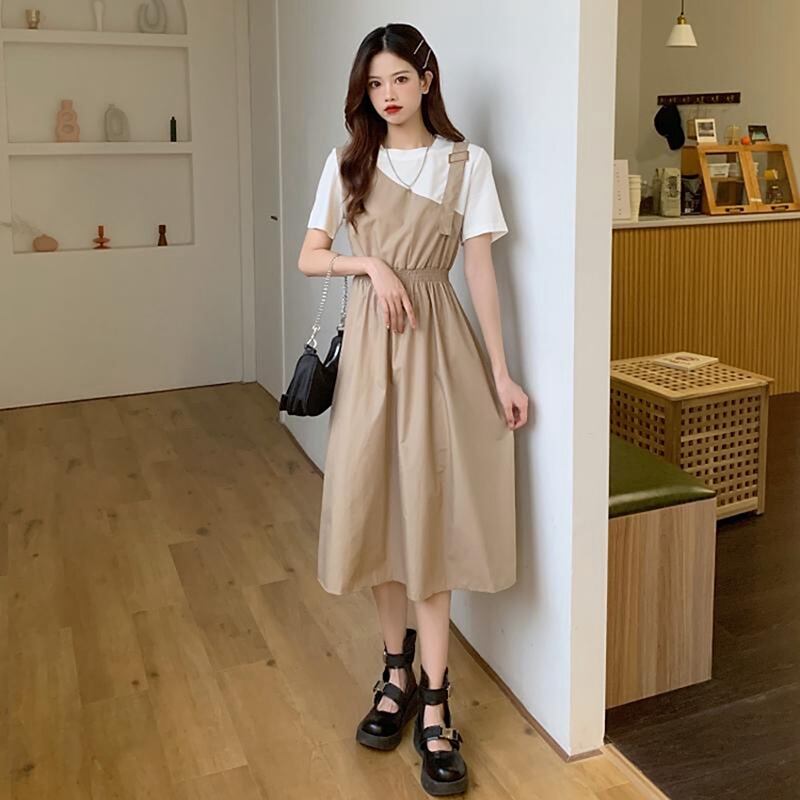 [YUNXI Series] ★One Piece★ 2color Short Sleeve Dress Switching Fake Layered Large Size Brown Black