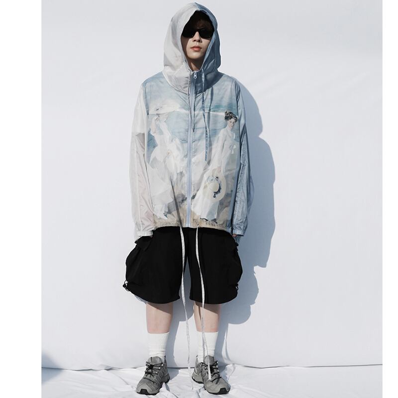 [SIN87 Series] ★UV protection★ UPF50+ Oil painting style Blue Sun protection Cooling protection Thin outerwear Loose fit Unisex Men's