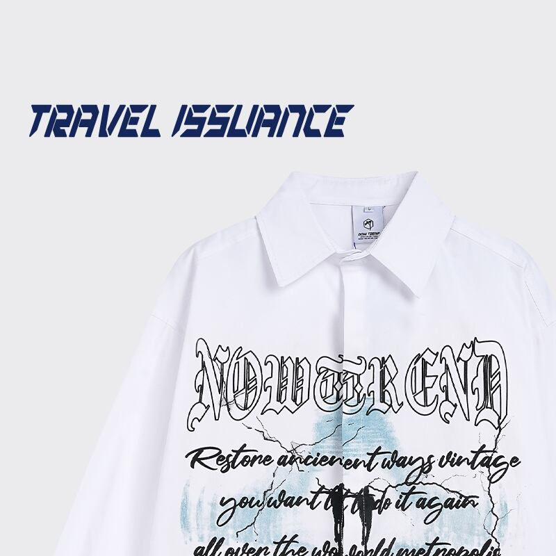 [TRAVEL ISSUANCE Series]★Shirt★ 2color Tops Long Sleeve Shirt Unisex Men's Stylish Black White Print