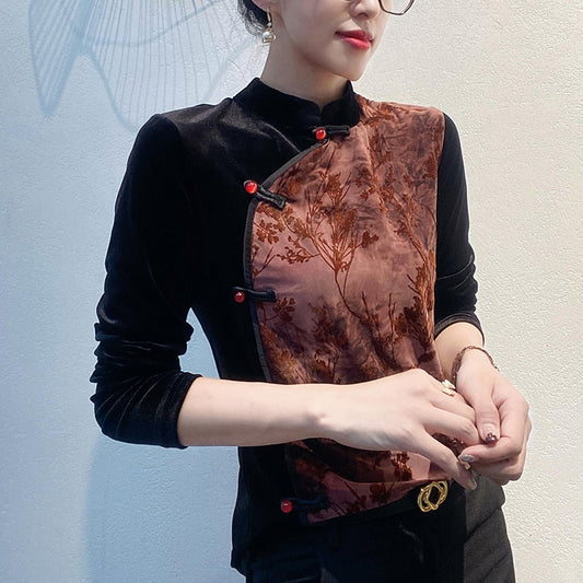 [XUAN series]★China style shirt★ 2color Chinese style tops velvet floral pattern switching large size