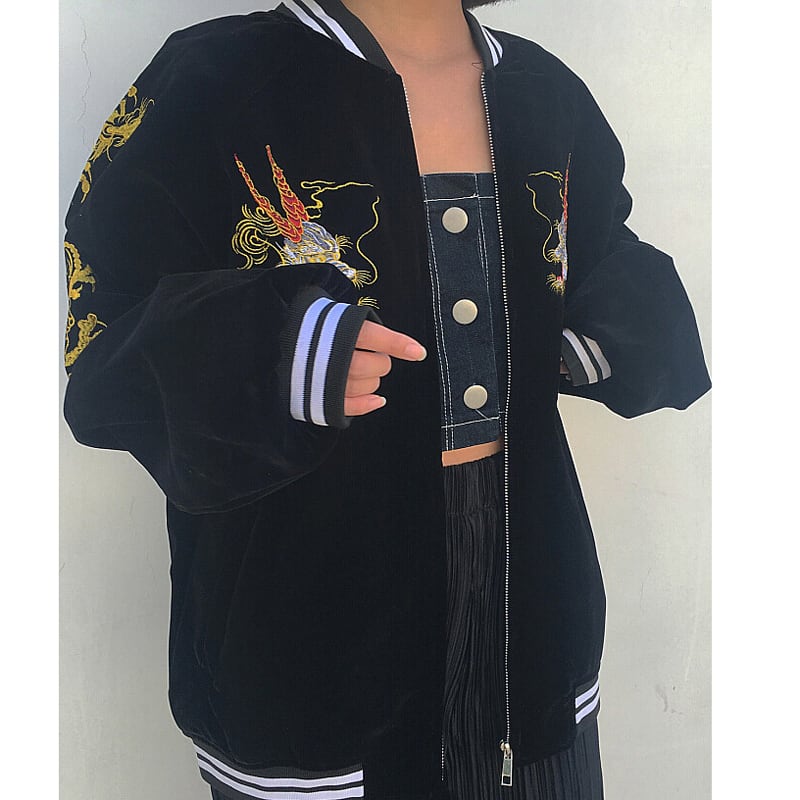 [Forever series]★China style outerwear★2color Black or red Dragon embroidered Dragon Dragon crest Stadium jacket Jacket Sukajan