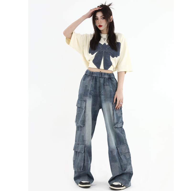 [Studios Series]★Denim Pants★ Bottoms Unisex Men's Trousers Plaid Pattern Elastic Waist Retro