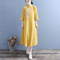 Load image into Gallery viewer, [Qing series] ★China style dress★ 4 colors, floral pattern, cotton, linen, white, blue-green, pink, yellow, spring, autumn, 3/4 sleeves
