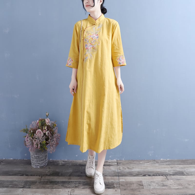 [Qing series] ★China style dress★ 4 colors, floral pattern, cotton, linen, white, blue-green, pink, yellow, spring, autumn, 3/4 sleeves