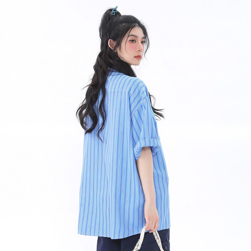 [Escaped Earth Series]★Shirt with tie★ 3color tops, short sleeve shirt, unisex, men's, vertical stripes, striped pattern, loose fit