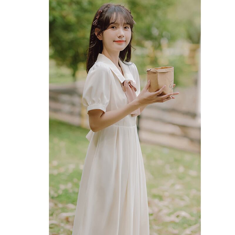 [Han Xuanwei Series] ★One Piece★ 2color Simple Cute Date Ribbon Beige Easy to Match Short Sleeve Dress