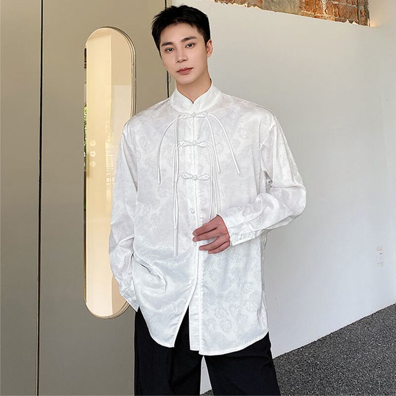 [Illustrated Series] ★China Style Shirt★ 2color Tops Long Sleeve Shirt Unisex Men's China Button Fringe Black White