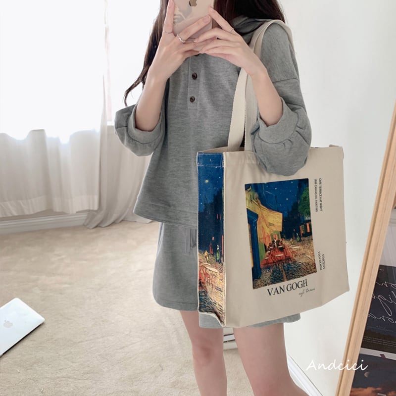 [Andcici Series]★Bag★ Tote bag, canvas bag, large capacity, date, floral pattern, oil painting style, blue, design, cute