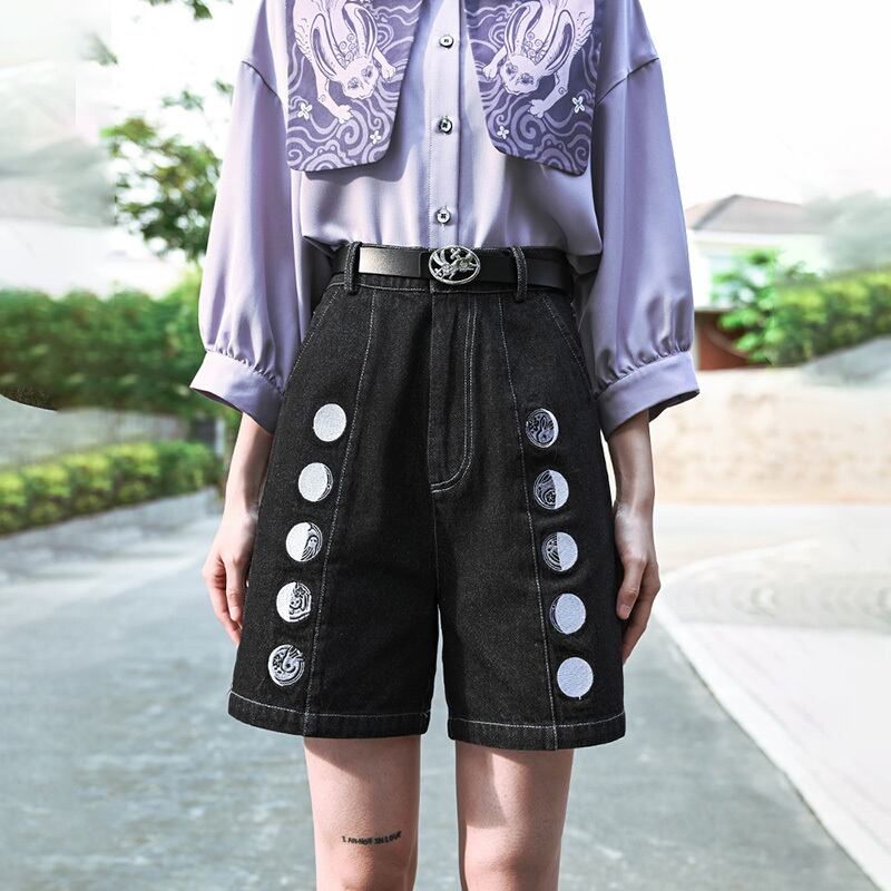 [Kokaisha---Moon phase series]★Denim pants★Shorts bottoms Black, black, retro, easy to match, slimming