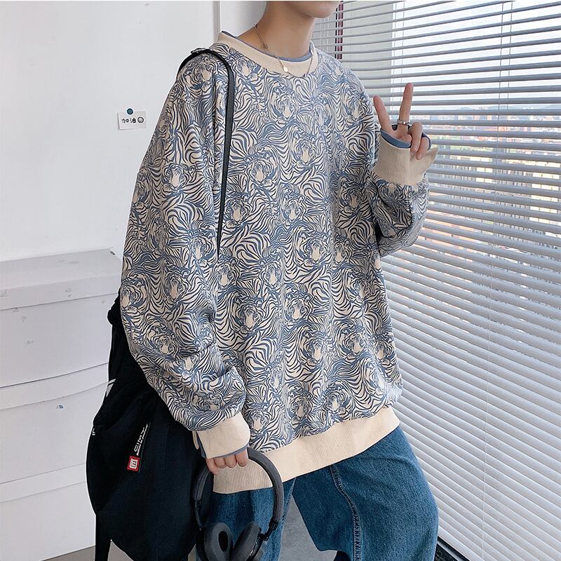 [Tiaota Series] ★Fleece-lined tops★ 2color Blue or Black Unisex Print Floral Pattern Faux Layered