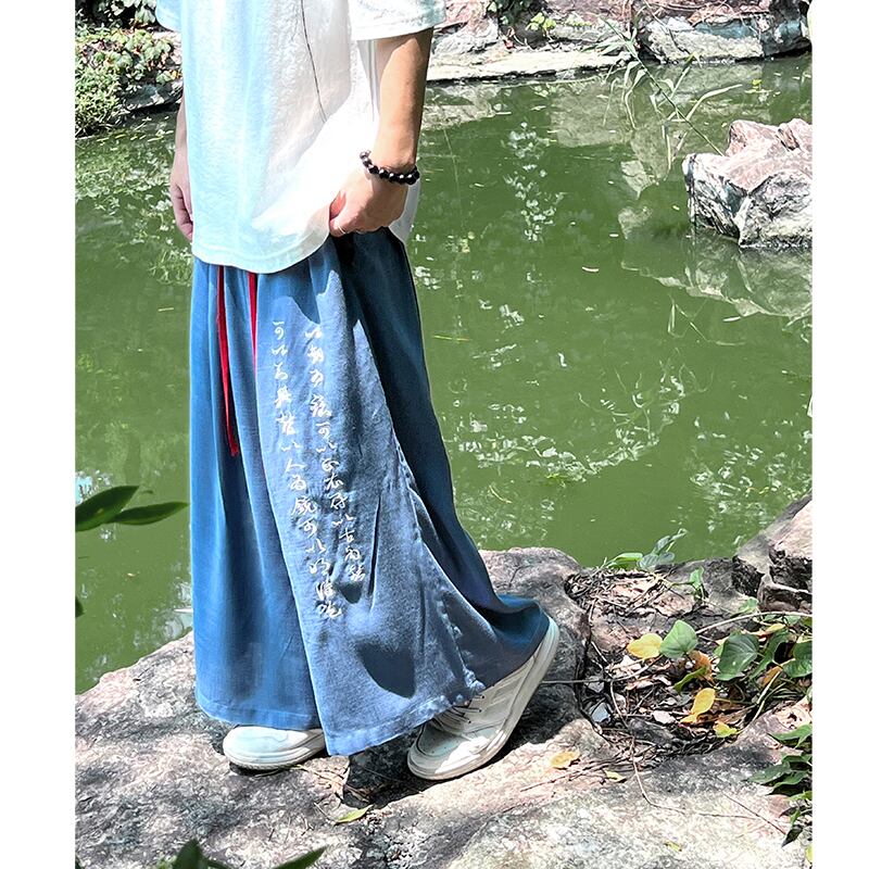 [Adoki series] ★China style pants★ 2color gaucho pants bottoms, unisex, men's, letter pattern, large size, quarter length