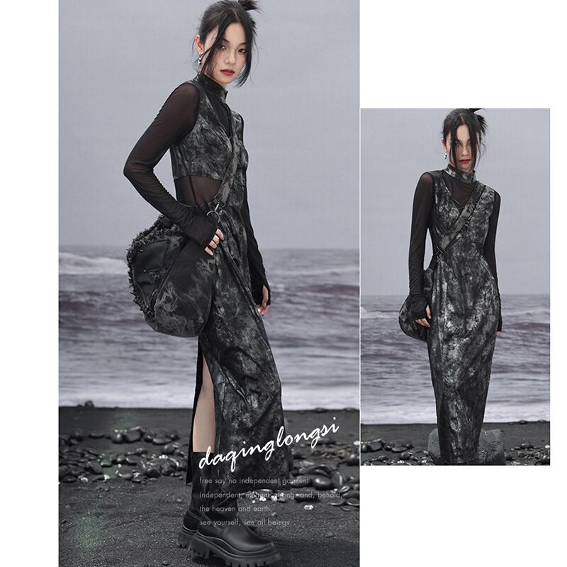 [Daiseiryusu series]★China style dress★ Switching fake layered long sleeve Switching long length Original