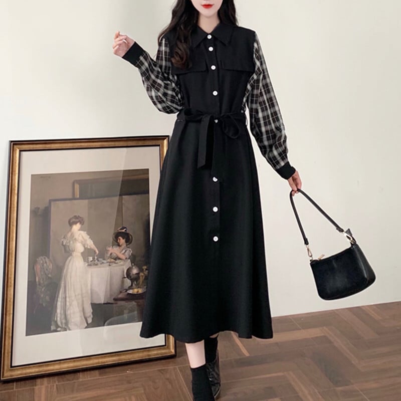 [Dong Xiaojie Series] ★Long sleeve dress★ Large size ladies dress Plaid pattern Commuting Black Black