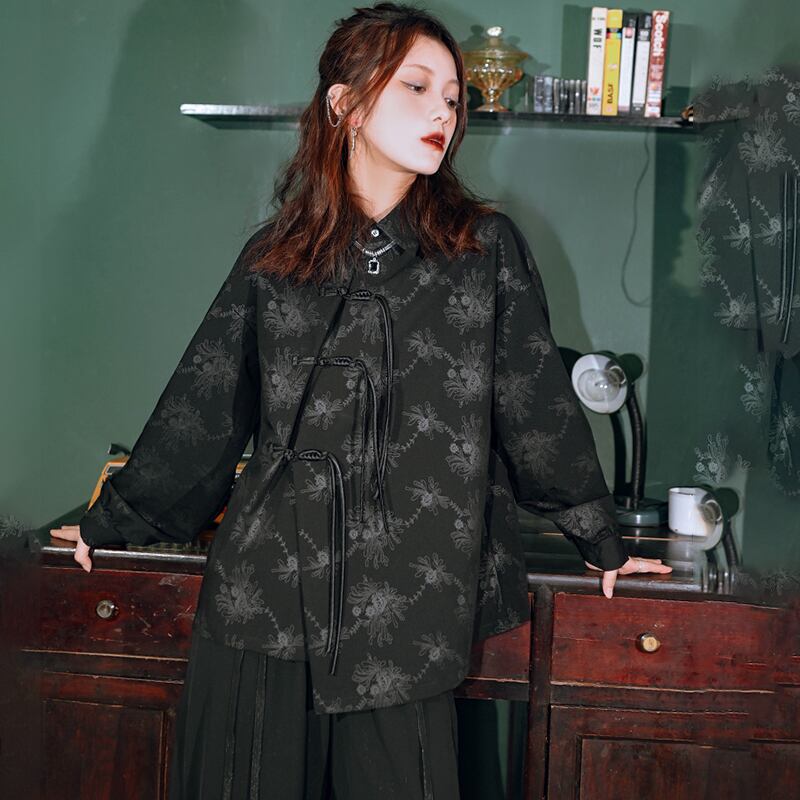 [Ancient Monster---Ink series] ★China style shirt★ Tops long sleeve shirt original print black black