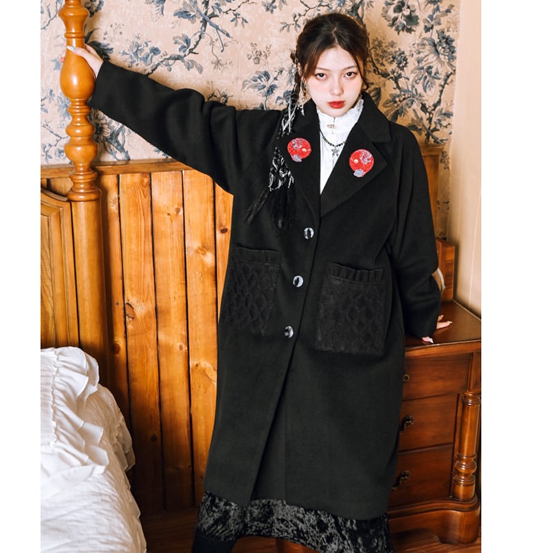 [Ancient ghost house---Shanhai-kei series] ★China style coat★ Lasha embroidery, long length, thick, black, black, easy to match