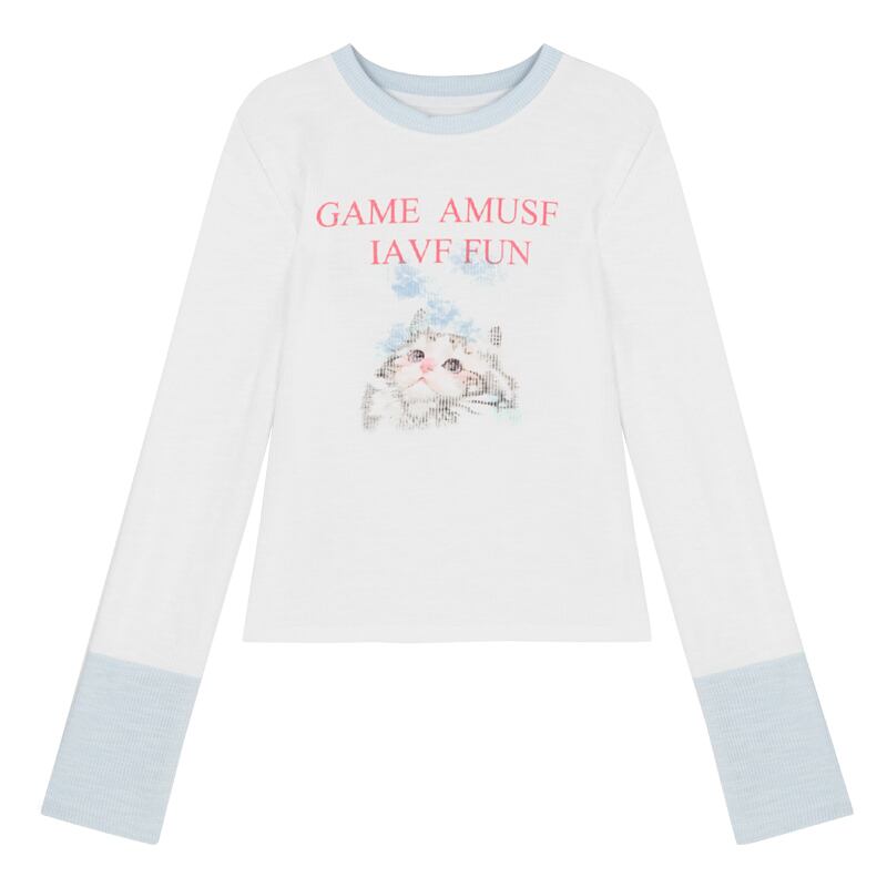 【MEIMEIシリーズ】★トップス★ Tシャツ 長袖 可愛い おしゃれ ショート丈 ネコ ねこ 猫