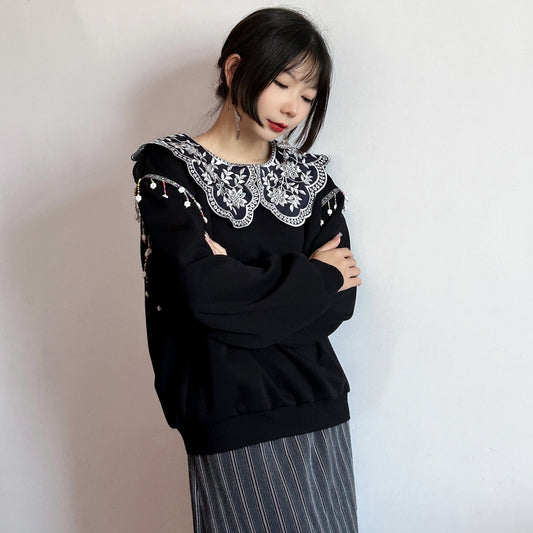 [True Fish Series]★China style top★ Embroidered fringe ladies long sleeve cute collar large size black