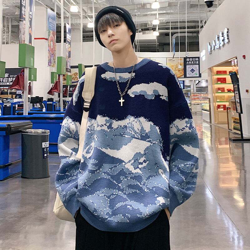 [Creation Series]★Sweater★ 2color Tops Unisex Men's Snow Mountain Blue Blue ML XL 2XL Round Neck