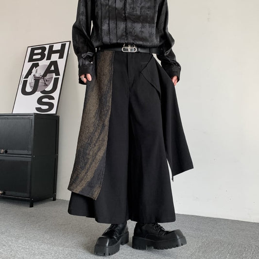 [Illustrated series]★China style trousers★ Gaucho pants, irregular, unisex, men's, nine-quarter length, black, black switching