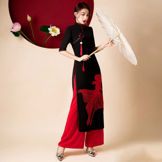 [Senbaushi Series] ★Cheongsam dress★ Chinese style piece + pants goldfish black red large size long length