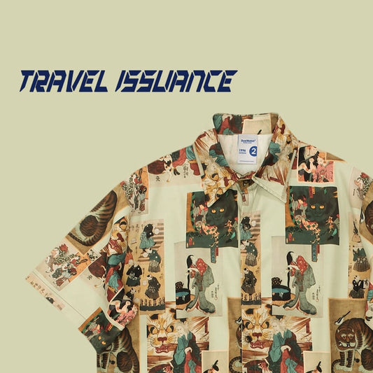 [TRAVEL ISSUANCE Series]★Shirt★ Tops Printed Short Sleeve Shirt Unisex Men's Unique Easy to Match