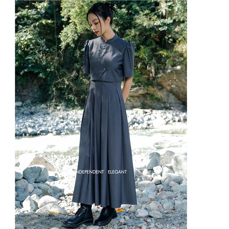 [Big Blue Dragon Series] ★China style dress★ Faux layered stand neck gray gray slimming wear