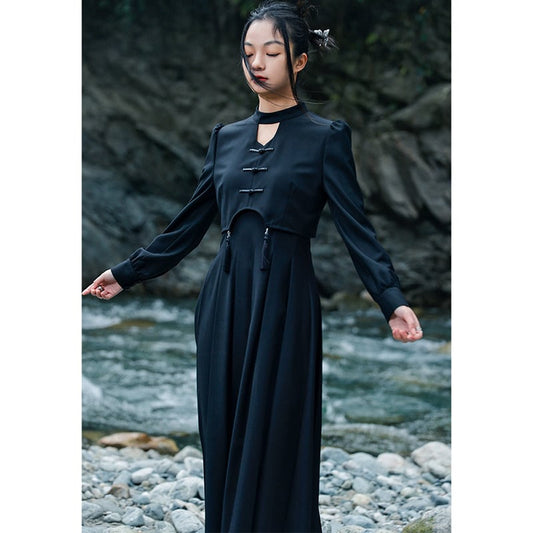 [Big Blue Dragon Series] ★China style dress★ Faux layered retro black black design