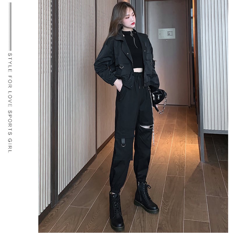 [DUOMIAOTU series]★Setup Single item order★ Outerwear or pants with chain Casual Black Black