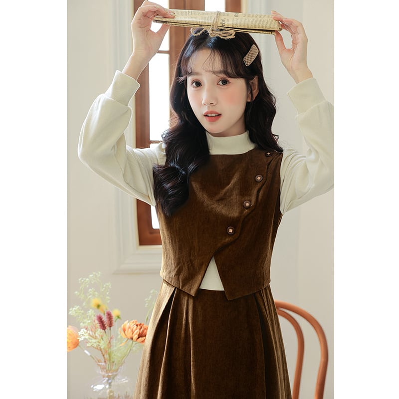 [CHIC Series] ★One Piece★ Faux Layered Corduroy Coffee Color Date Improves Temperament