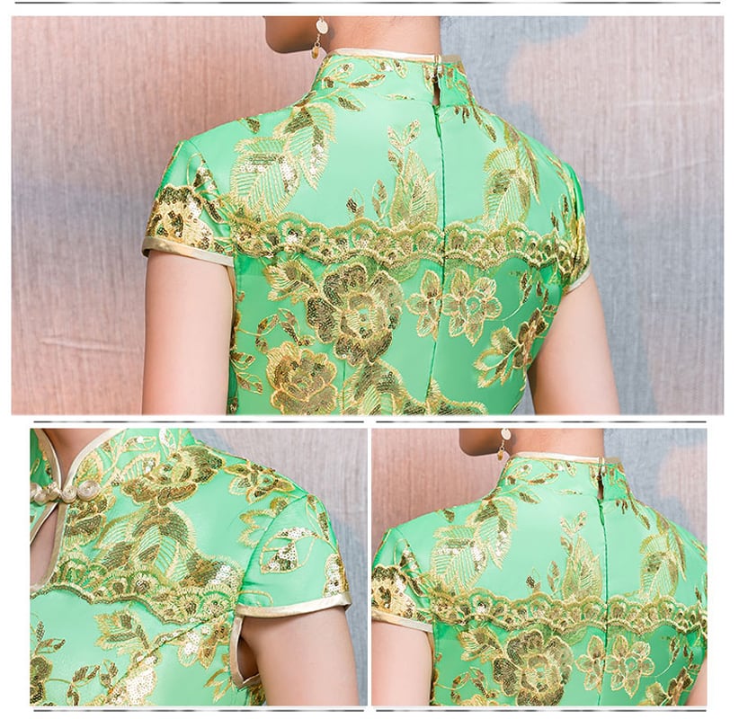 [ELEGANT] Chinese dress, mermaid line dress, slimming and attractive figure, excellent slimming effect, green, green, large size, short sleeves, long length