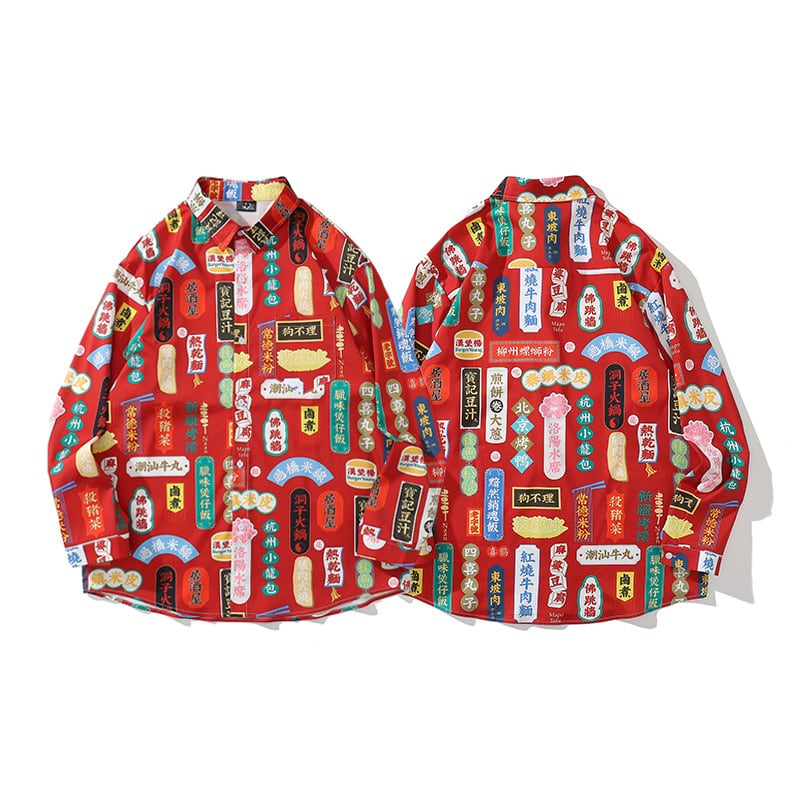 [BEAT BOY Series] ★Retro Shirt★ Printed Long Sleeve Shirt Tops Floral Pattern Letter Pattern Red Red Unique