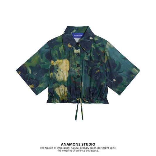 [ANAMONE STUDIO series] ★Floral pattern shirt★ Tops Short sleeve shirt Oil painting style shirt Retro SML Short length Green