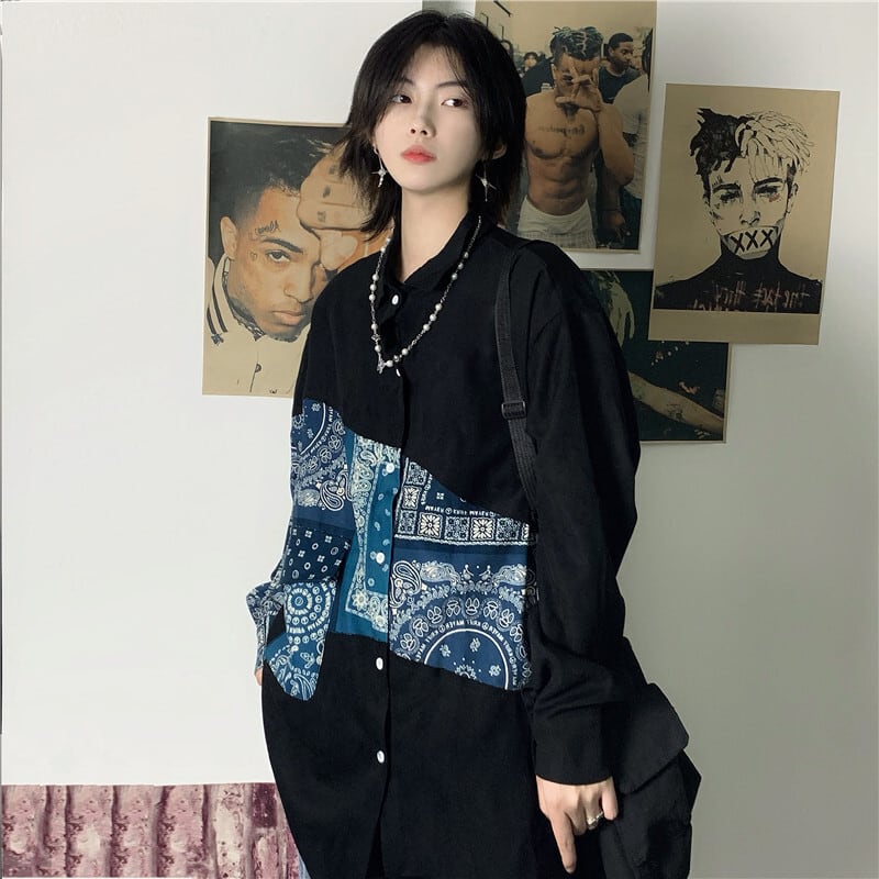 recommendation! [Style Series]★Shirt★ Tops Floral Pattern Switching Unisex Print Men's Women's Black Black Blue