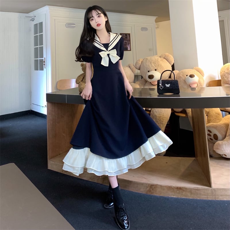 [Dong Xiaojie Series] ★Sailor color dress★ Cute color scheme date dark blue blue blue large size