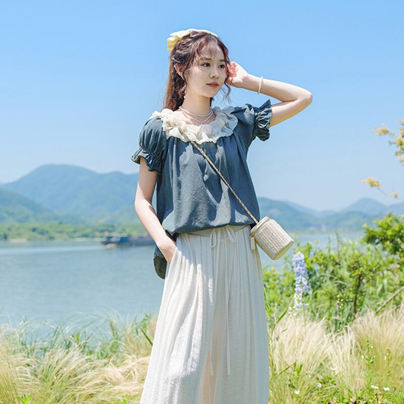 [Shirasu Series] ★Tops★ T-shirt, short sleeve, denim, cute, ladies, date, improves temperament, easy to match, summer clothes, blue, blue