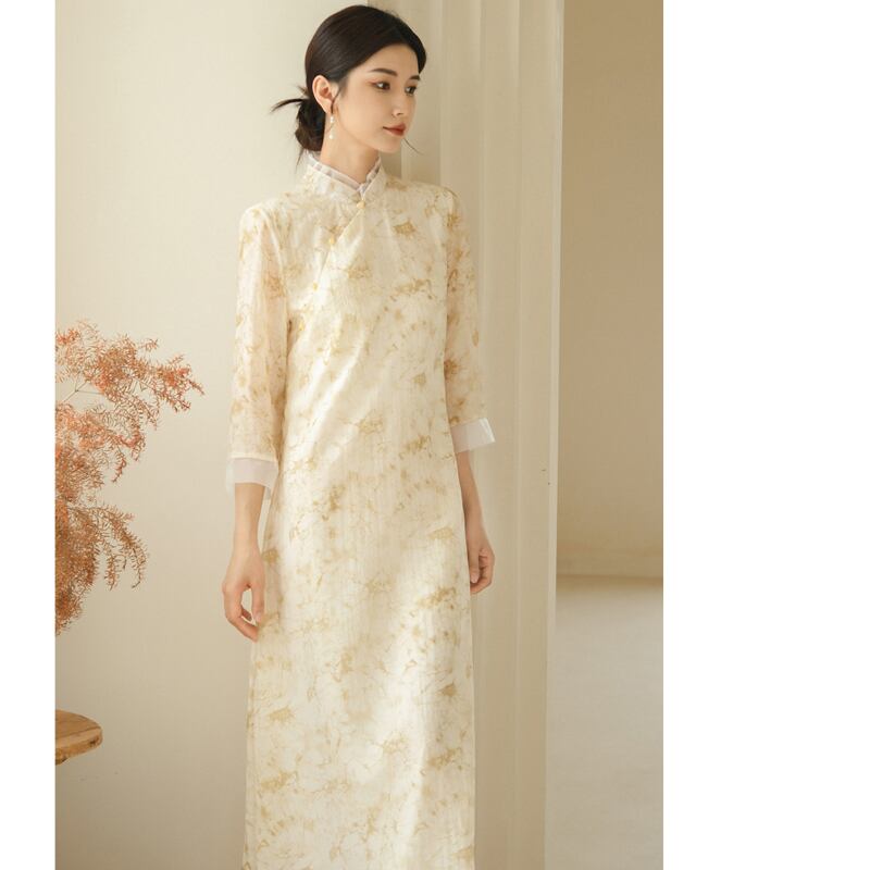 [Shimu Series] ★Chinese style dress★ Elegant Chinese clothes Tang suit Retro print Summer clothes Yellow S M L XL