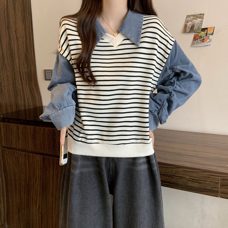 [DUOBAO series]★POLO shirt★ 2color tops, long sleeves, fake layered, slimming, large size, horizontal stripes, striped pattern